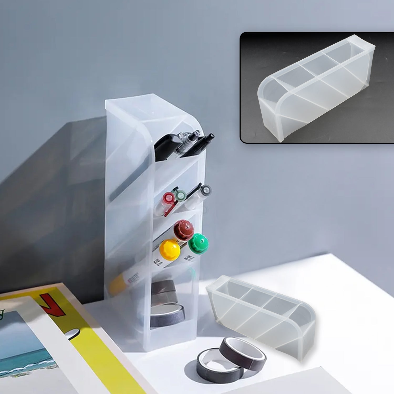 Plastic 4 Compartment Office Desktop Storage Box, Pen Pencil Stand/Holder Stationary Organizer, Plastic Desktop Stationary Organizer For School Plastic 4 Compartment Office Desktop Storage Box, Pen Pencil Stand/Holder Stationary Organizer, Plastic Desktop Stationary Organizer For School